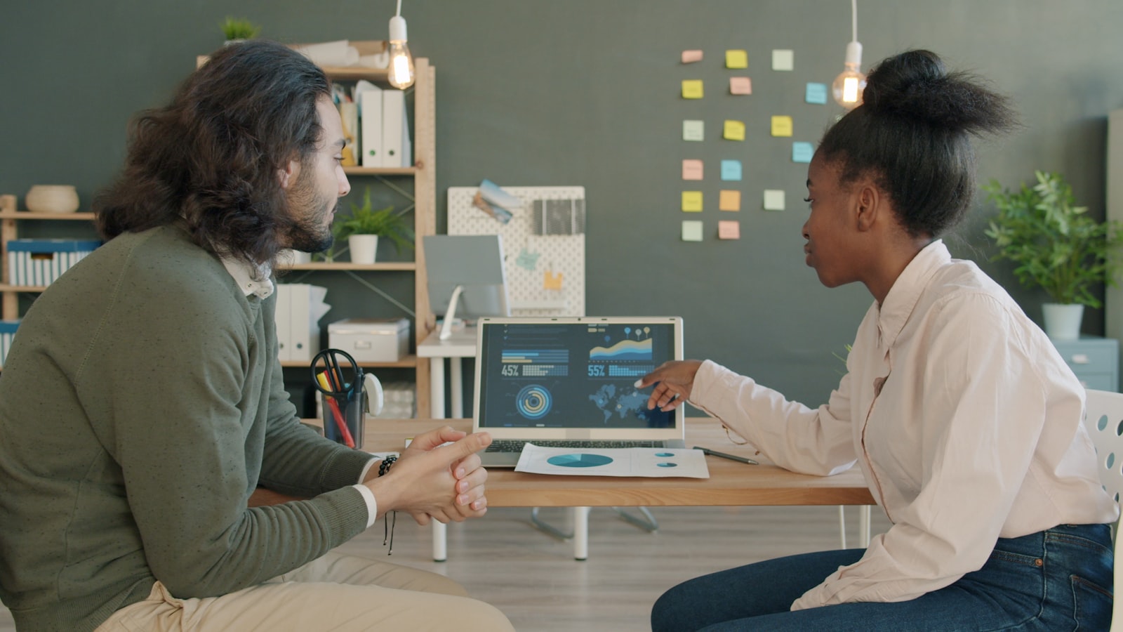 Two team members reviewing promotion performance on a laptop